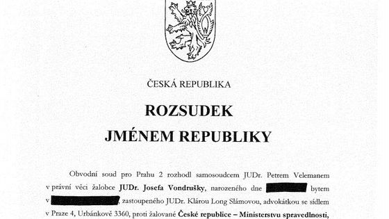 Rozsudek, kterým soud Josefu Vondruškovi přiznal odškodnění