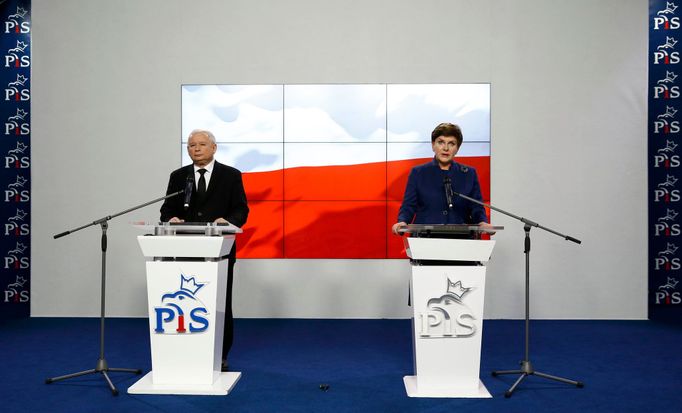 Kaczyński, šéf strany Právo a spravedlnost (PiS), a Szydlová, nová polská premiérka.