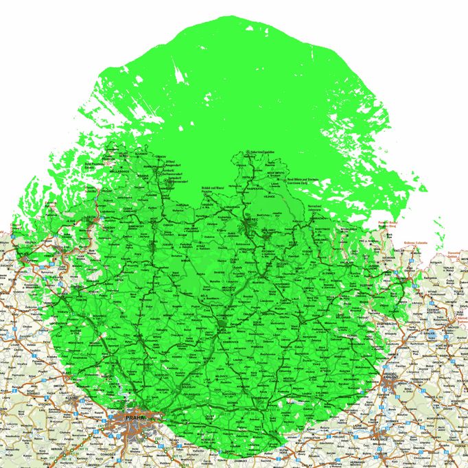 Mapa pokrytí digitálního vysílače Liberec - Ještěd (síť 1)