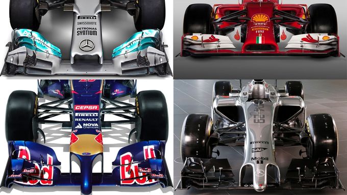 Zatímco Mercedes a Ferrari (nahoře) zvolily konvenční tvar "čumáku" jako tunelu, Toro Rosso (vlevo dole)  se přidalo k většinovému mravenečníku a u McLarenu vyprojektovali jakýsi chobot. Podívejte se na další zvláštní tvary nových vozů F1.