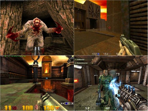 Vlevo nahoře ukázka z první hry (1996), vpravo pak následuje druhý díl z roku 1997, Třetí díl s názvem Quake III Arena vydala společnost v roce 1999, čtvrtý v roce 2005