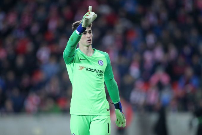 Kepa Arrizabalaga v prvním čtvrtfinále Evropské ligy Slavia - Chelsea.