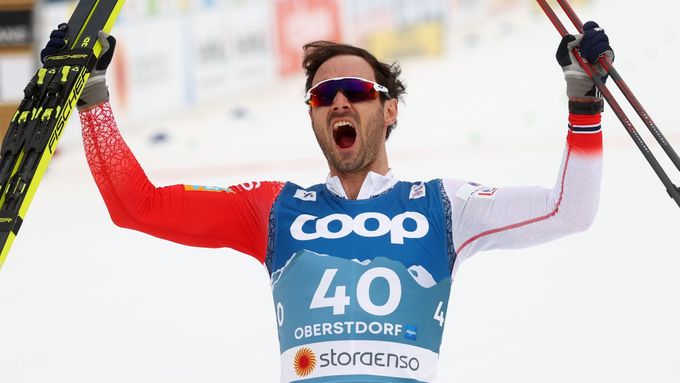 Nordic Skiing - FIS Nordic World Ski Championships - Oberstdorf, Germany - March 3, 2021 Norway's Hans Christer Holund celebrates first place in the Men's Interval Start