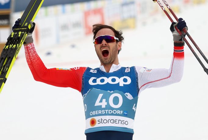 Nordic Skiing - FIS Nordic World Ski Championships - Oberstdorf, Germany - March 3, 2021 Norway's Hans Christer Holund celebrates first place in the Men's Interval Start