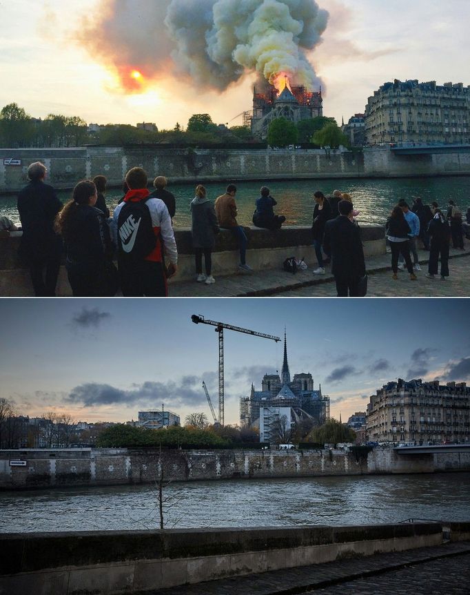 Kombinace fotografií ukazuje (nahoře) požár katedrály Notre-Dame v Paříži 15. dubna 2019 a (dole) katedrálu před znovuotevřením 26. listopadu 2024.