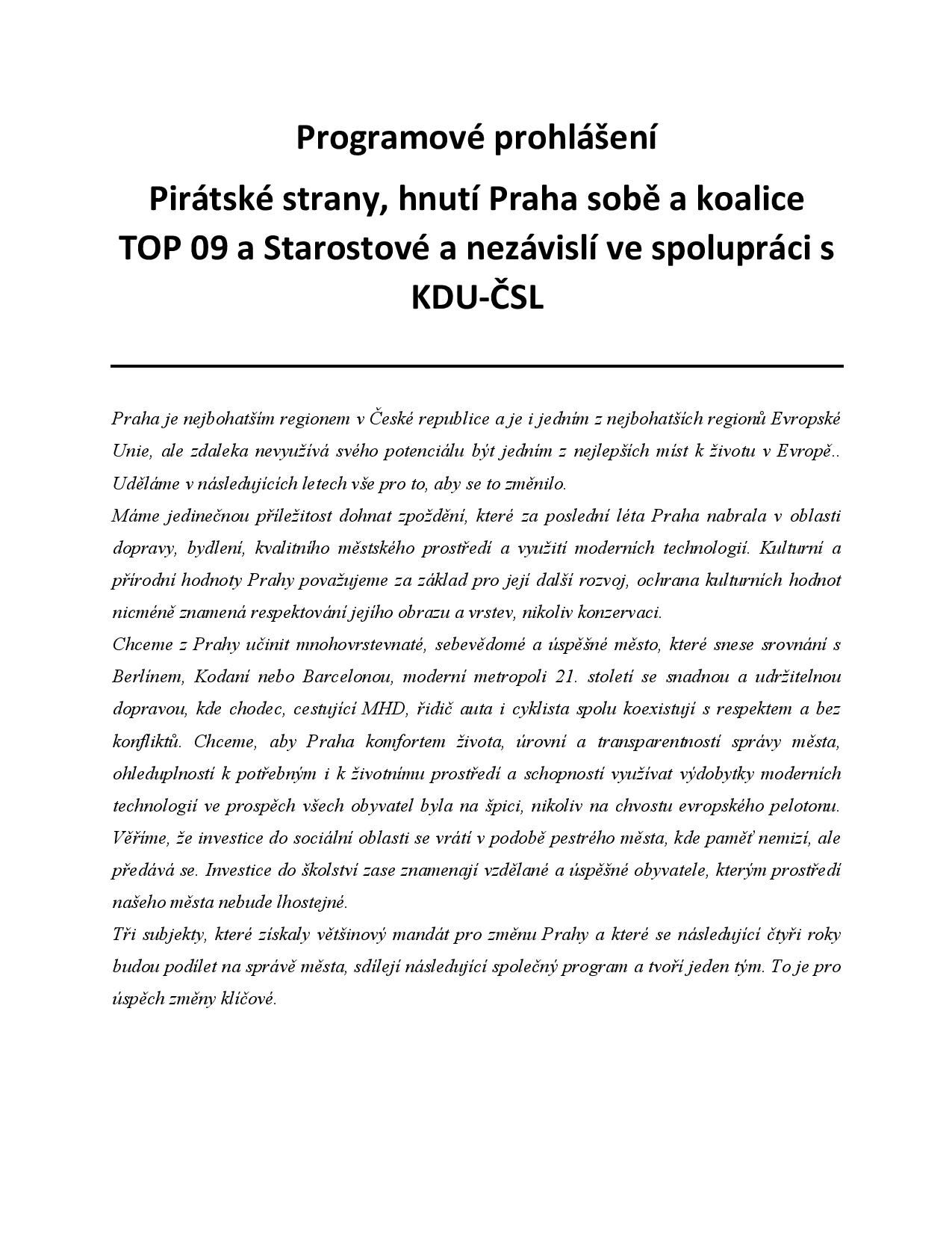 Koaliční program - Praha Sobě - 7. 11. 2018