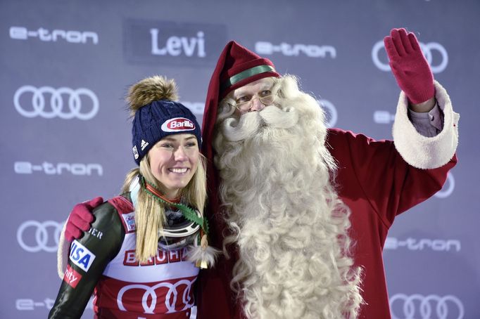 Alpine Skiing - FIS Alpine Ski World Cup - Women's Slalom - Levi Ski Resort in Kittila, Finland November 23, 2019. Gold medalist Mikaela Shiffrin of the U.S. celebrates w