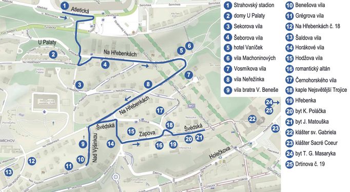 Trasa po vilové čtvrti na Smíchově měří 2,2 kilometru.