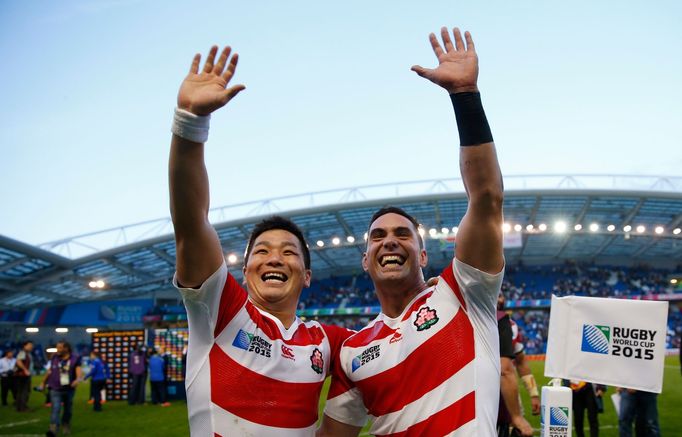 Japan's Kosei Ono (L) and Karne Hesketh celebrate victory after the match Reuters / Eddie Keogh Livepic