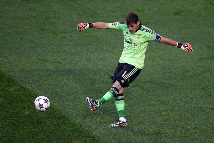 Real Madrid's goalkeeper Iker Casillas kicks the ball during their Champions League final soccer match against Atletico Madrid at the Luz Stadium in Lisbon May 24, 2014.