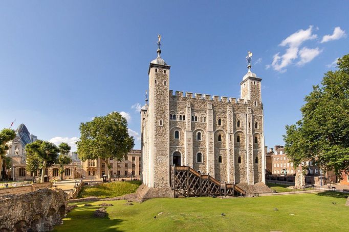 White Tower, součást komplexu Tower of London, 23. července 2021. Tato centrální budova sloužila jako královský palác i pevnost.