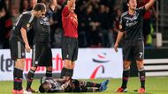 Zraněný Dabo leží bezvládně na zemi. Nepříjemné zranění vyděsilo celý stadion de Gerland.