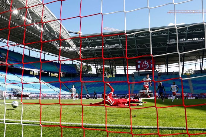 Soccer Football - Bundesliga - RB Leipzig v SC Paderborn - Red Bull Arena, Leipzig, Germany - June 6, 2020  RB Leipzig's Patrik Schick scores their first goal, as play re