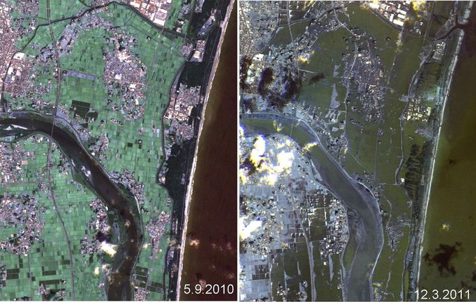 Pobřeží Japonska 5. září 2010 a 12. března 2011. satelitní snímky německého Střediska pro letectví a kosmonautiku.