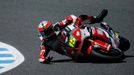 Suter Moto2 rider Alex de Angelis of San Marino falls during the second free practice session of the Spanish Grand Prix in Jerez de la Frontera, southern Spain, May 2, 20