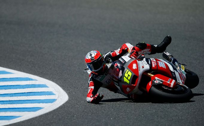 Suter Moto2 rider Alex de Angelis of San Marino falls during the second free practice session of the Spanish Grand Prix in Jerez de la Frontera, southern Spain, May 2, 20