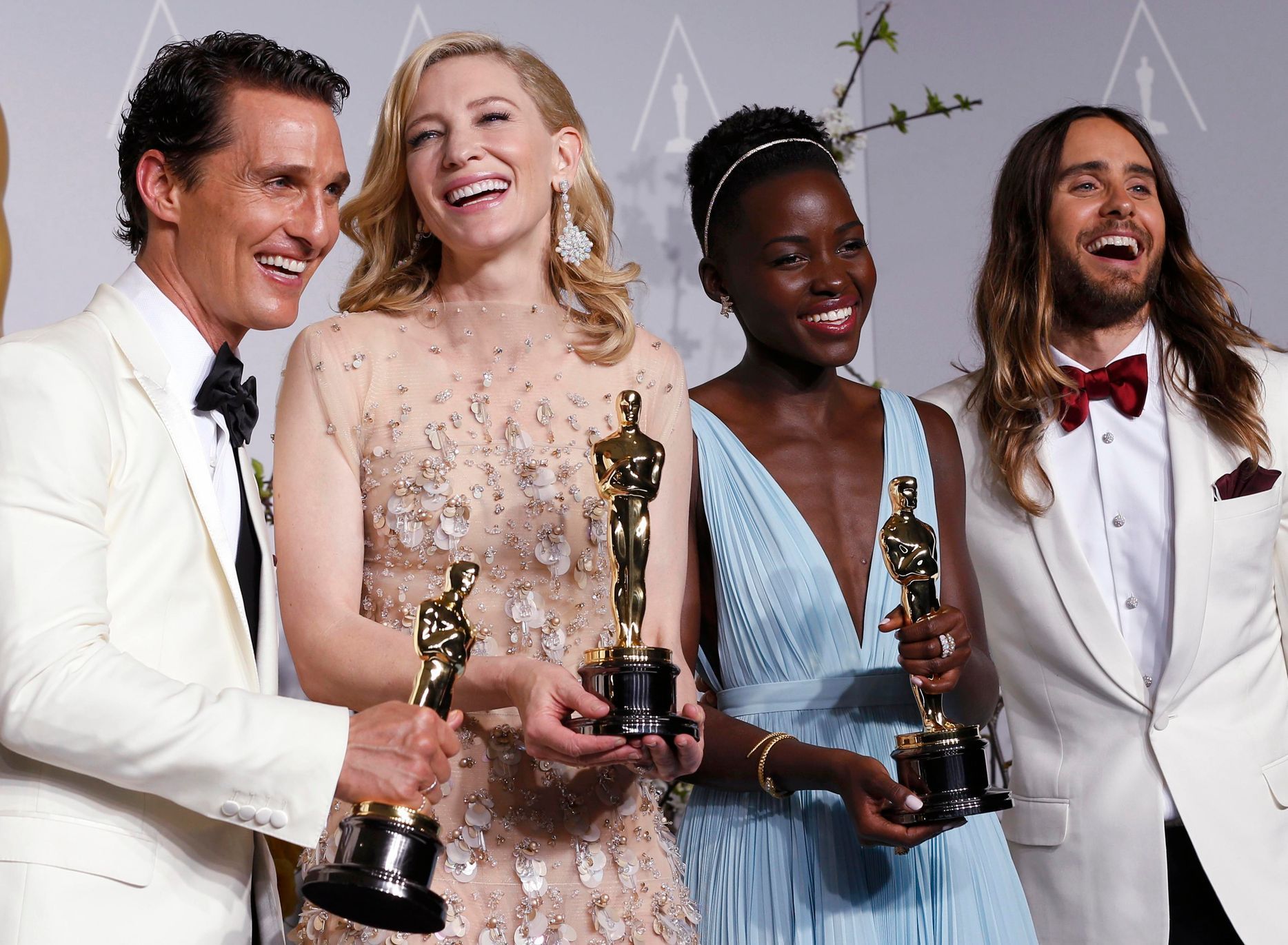 Best actor winner Matthew McConaughey, best actress winner Cate Blanchett, best supporting actress winner Lupita Nyong'o and best supporting actor winner Jared Leto pose with their Oscars at the 86th