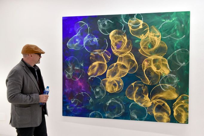 Jiří Georg Dokoupil na své výstavě v Kalina Gallery.