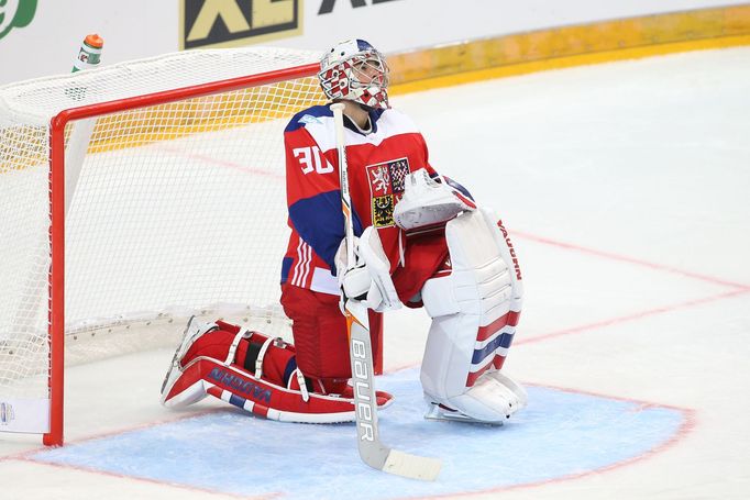 Michal Neuvirth v zápase proti Rusku s Alexandrem Ovečkinem.