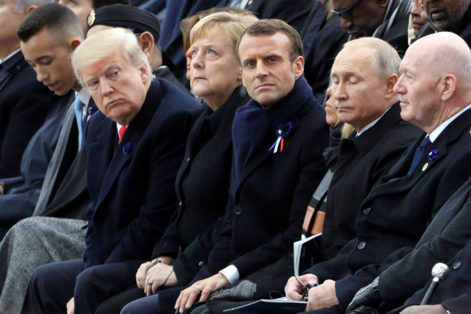 (zleva) Donald Trump, Angela Merkelová, Emmanuel Macron a Vladimir Putin vzpomínají na výročí ukončení první světové války.