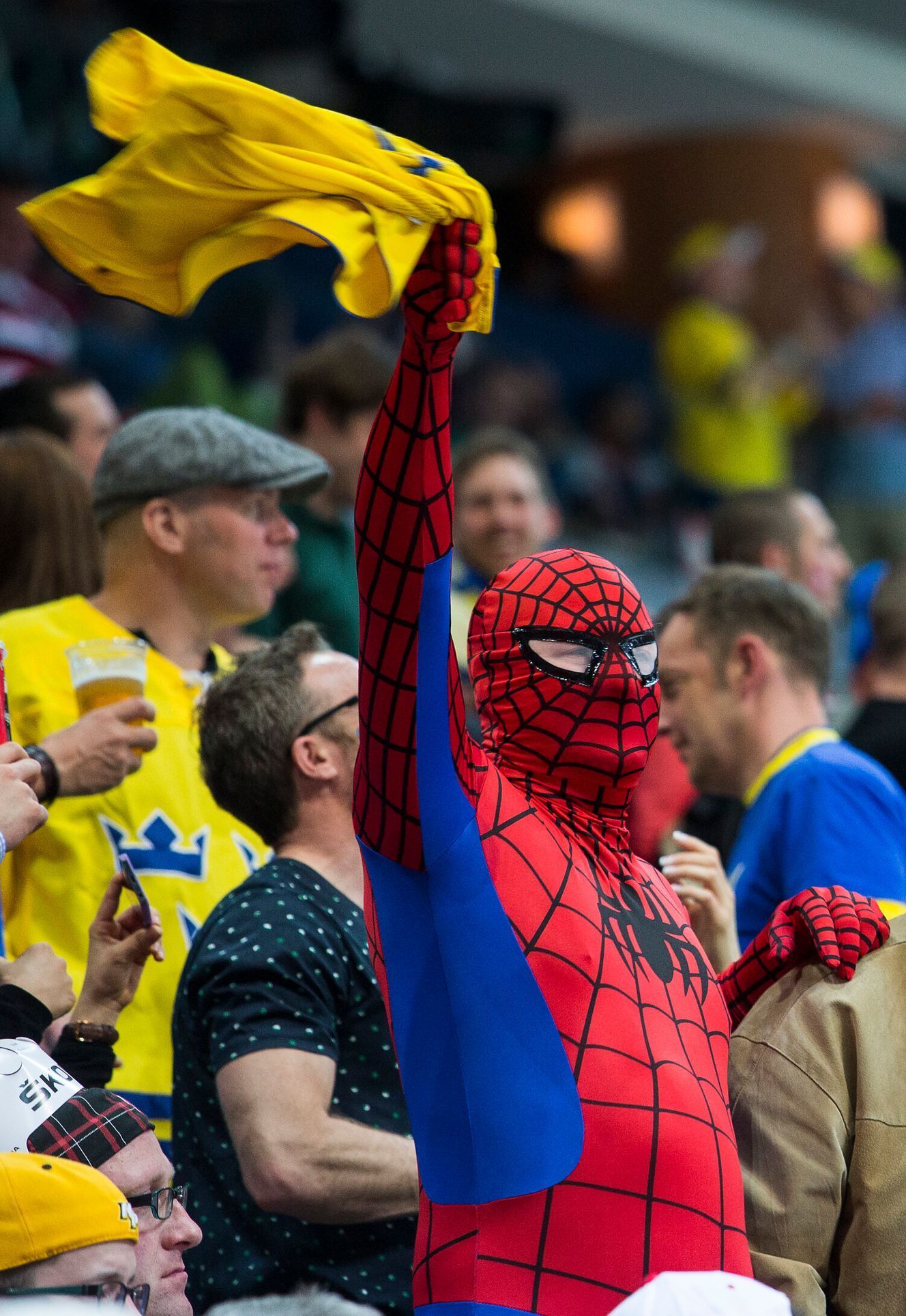 MS 2015, Švédsko - Švýcarsko: švédský fanoušek jak Spiderman