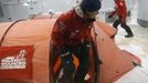 Britain's Prince Harry leaves his tent during a cold chamber training exercise with the Walking with the Wounded South Pole Allied Challenge 2013 British team at Nuneaton in central England.