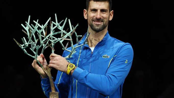 Tennis - ATP Masters 1000 - Paris Masters - AccorHotels Arena, Paris, France - November 5, 2023 Serbia's Novak Djokovic celebrates with the trophy after winning his men's