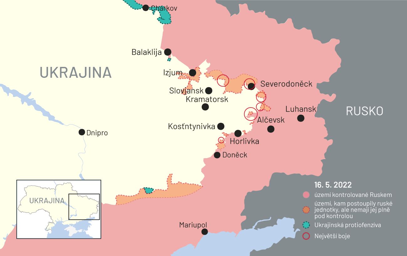 16. květen 2022: Mapa bojů na Ukrajině