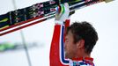 Norway's Northug reacts after winning the men's cross country 50 km mass start classic race at the Nordic World Ski Championships in Falun