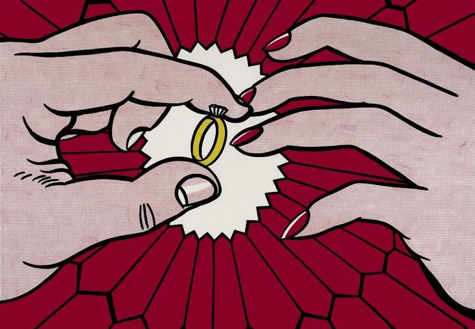 Roy Lichtenstein: The Ring (Engagement), 1962. Po technicky nejistém začátku s Kačerem Donaldem začal Lichtenstein novou techniku rychle zdokonalovat studiem reklam z druhořadých tiskovin.