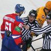 Hokejista Lva Praha Erik Christensen se přes sudí hádá s Maximem Semjonovem (7) a Ivanem Višněvským (9) v utkání KHL 2012/13 proti Atlantu Mytišči.,