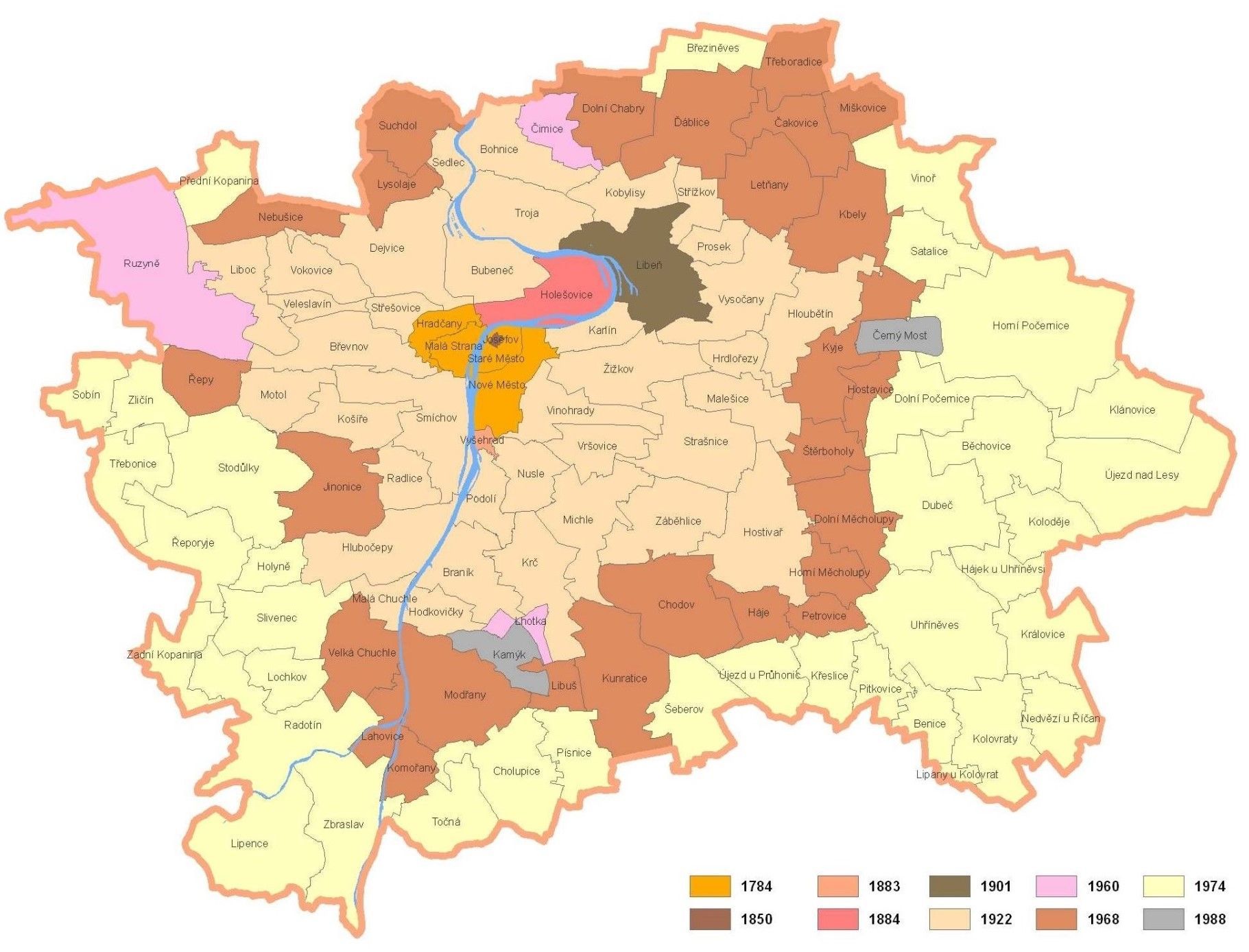 Rozšiřování Prahy MČ, mapa