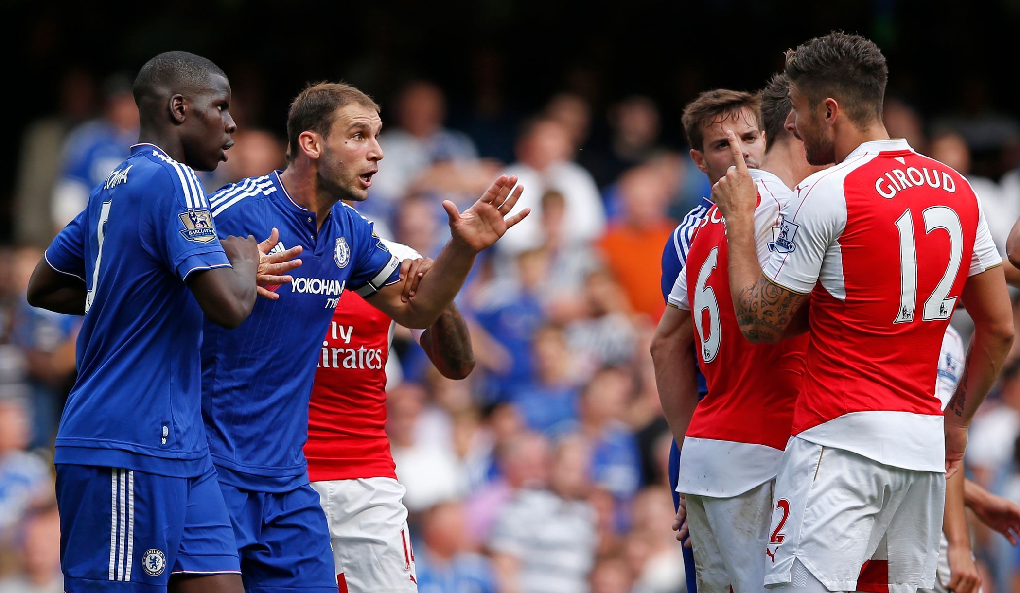 Chelsea's Branislav Ivanovic remonstrates with Arsenal's Olivier Giroud