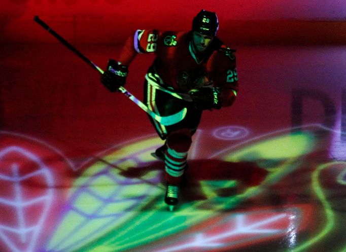 Chicago Blackhawks left wing Bryan Bickell skates out on the ice before the start of Game 7 of their NHL Western Conference semi-final hockey playoff against the Detroit