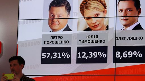 Tabule s odhady výsledků voleb na Ukrajině.