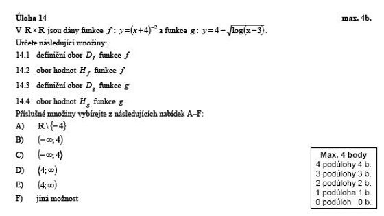 Ukázka maturitního testu z matematiky - vyšší úroveň