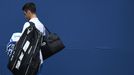 Sep 6, 2020; Flushing Meadows, New York, USA; Novak Djokovic of Serbia leaves the court after being defaulted for striking a lines person with a ball against Pablo Carren