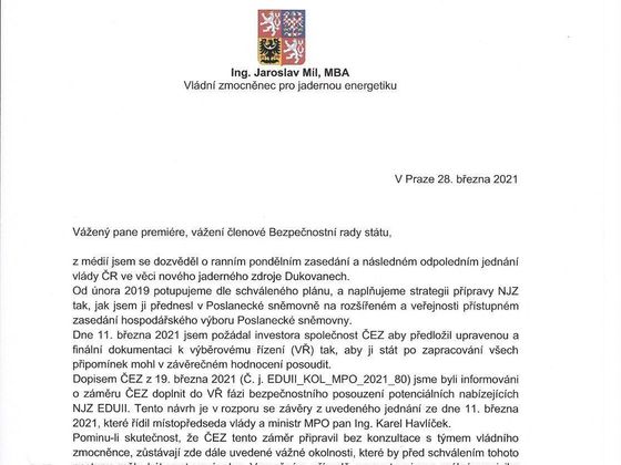 Dopis vládního zmocněnce pro jadernou energetiku Jaroslava Míla