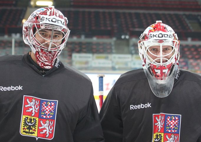 Trénink české hokejové reprezentace: Jakub Kovář a Daniel Dolejš