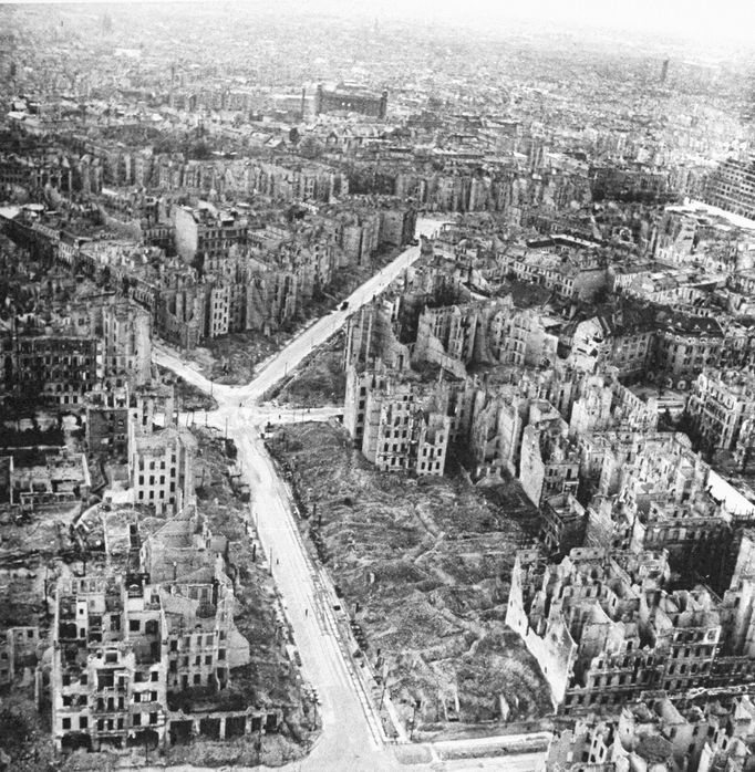 Aerial view of bombed out buildings in the Schoneberg section of Berlin following Allied capture of the city.