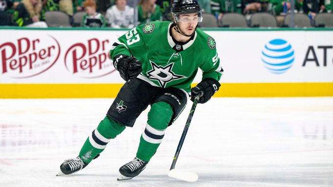 May 15, 2023; Dallas, Texas, USA; Dallas Stars center Wyatt Johnston (53) skates against the Seattle Kraken in the Seattle zone during the second period in game seven of