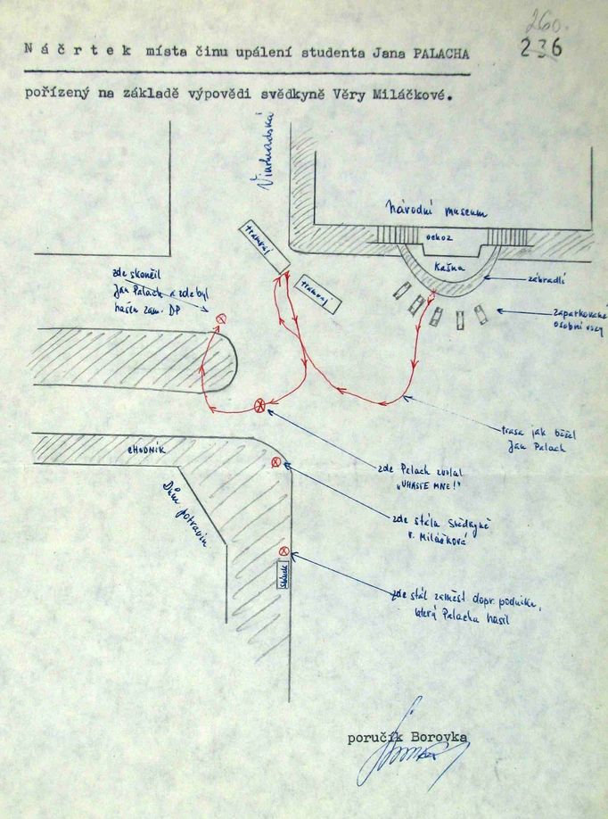 Náčrt místa činu z policejního vyšetřování sebevraždy Jana Palacha, který rekonstruuje dle výpovědí očitých svědků jeho pohyb poté, co se zapálil.