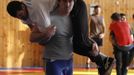 Olympic silver medallist in the 120kg men's freestyle wrestling Akhmedov takes part in a training session at a sport base in Makhachkala