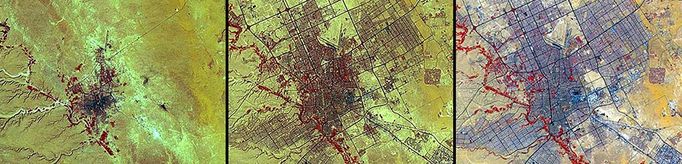 http://climate.nasa.gov/state_of_flux#Urbangrowth_SaudiArabia.jpg Urban growth, Saudi Arabia The Saudi Arabian capital. Left: 1972. Middle: 1990. Right: 2000. During this time, its population soared from about half a million to more than two million. In the early 1970s, three times as many Saudi Arabians lived in rural areas as in cities. By 1990, the ratio had reversed — cities held three times as many as the rural regions. Images taken by the Advanced Spaceborne Thermal Emission and Reflection Radiometer (ASTER) instrument. Courtesy of NASA/GSFC/METI/ERSDAC/JAROS and the U.S./Japan ASTER Science Team.