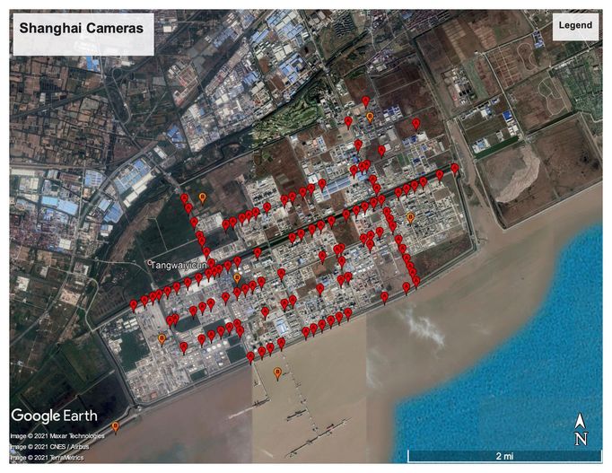 Rozmístění kamer v přístavu šestadvacetimilionové metropole Šanghaj a jejím okolí.