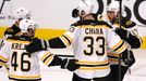 Boston Bruins' Milan Lucic (R) celebrates his second goal on the Chicago Blackhawks with teammates Zdeno Chara (33), David Krejci (46) and Nathan Horton during the second