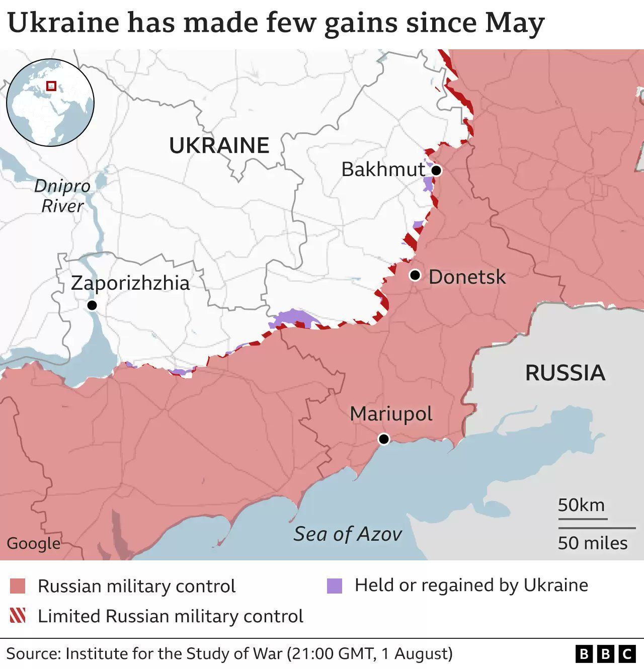 Ukrajinský postup na jihu a východě země.