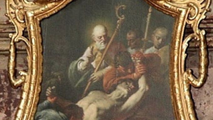 Obraz sv. Valentina v brněnském kostele sv. Michala. Dílo znázorňuje, kterak sv. Valentin uzdravuje muže stiženého záchvatem padoucnice.