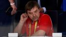 Russia head coach Oleg Znarok sits in the public area before his team's men's ice hockey World Championship final game against Finland at Minsk Arena in Minsk May 25, 201