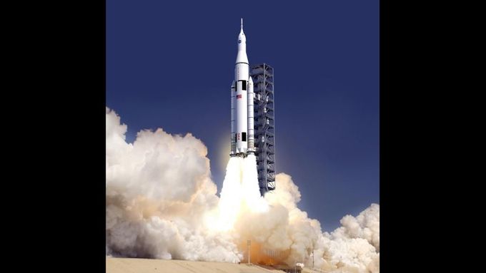 Koncept rakety SLS (z anglického Space Launch System) na vizualizacích NASA
